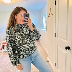 Jonathan Simkhai Blue Zebra Black Silk Long Sleeve Top Blouse XS